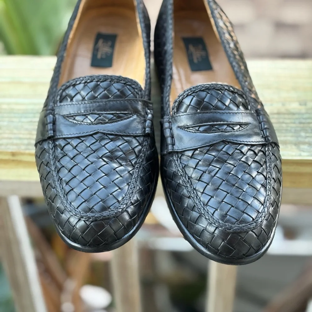 Zelli Italia Nicola Black Woven Calfskin Penny Loafers Handmade Italy Men 10.5M - Picture 2 of 14